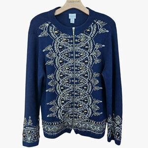 Chico’s Demitria‎ Cardigan Women L Navy Gold Embroidered Byzantine Beaded Zip Up